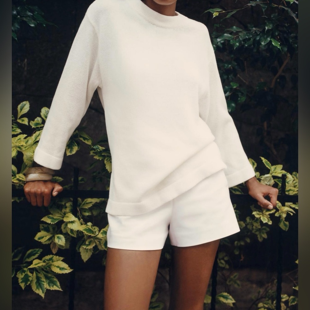 NWT ZARA Women Large White Crew Neck Knit Linen Cotton Blend Sweater Side Slit